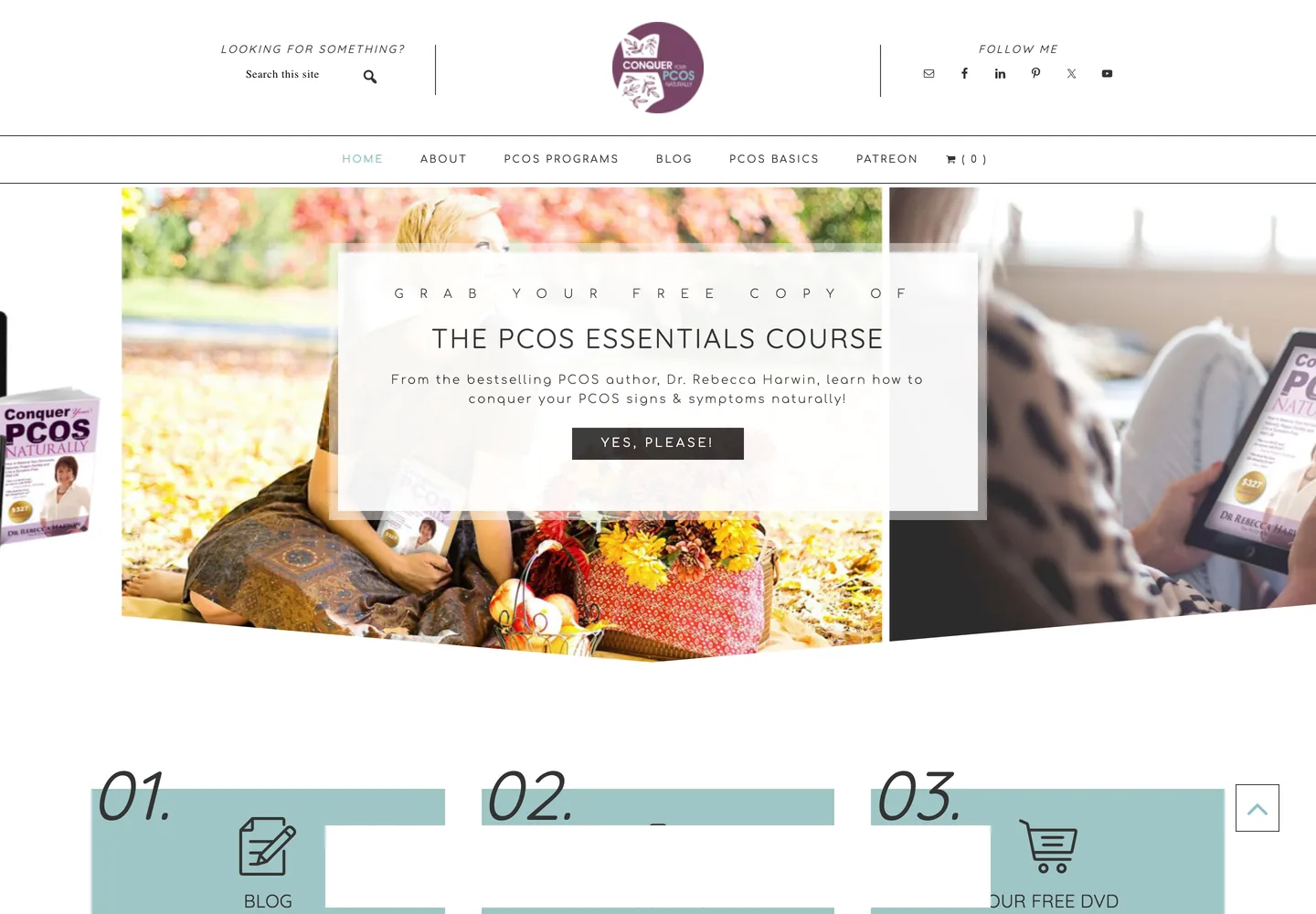 The previous Conquer Your PCOS Naturally homepage: a full-width photographic slider promoting a free course, a search bar and social icons above the logo, and three numbered promotional panels below
