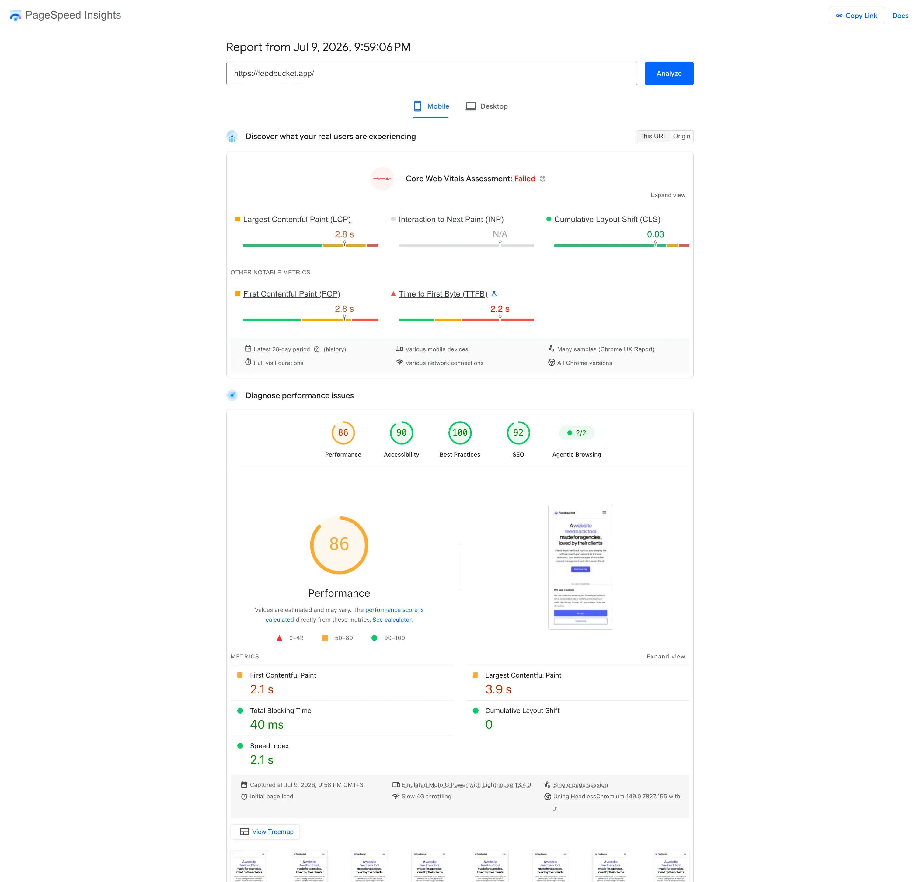 Feedbucket PageSpeed report from July 9, 2026: mobile Performance 86, Total Blocking Time 40ms, CLS 0