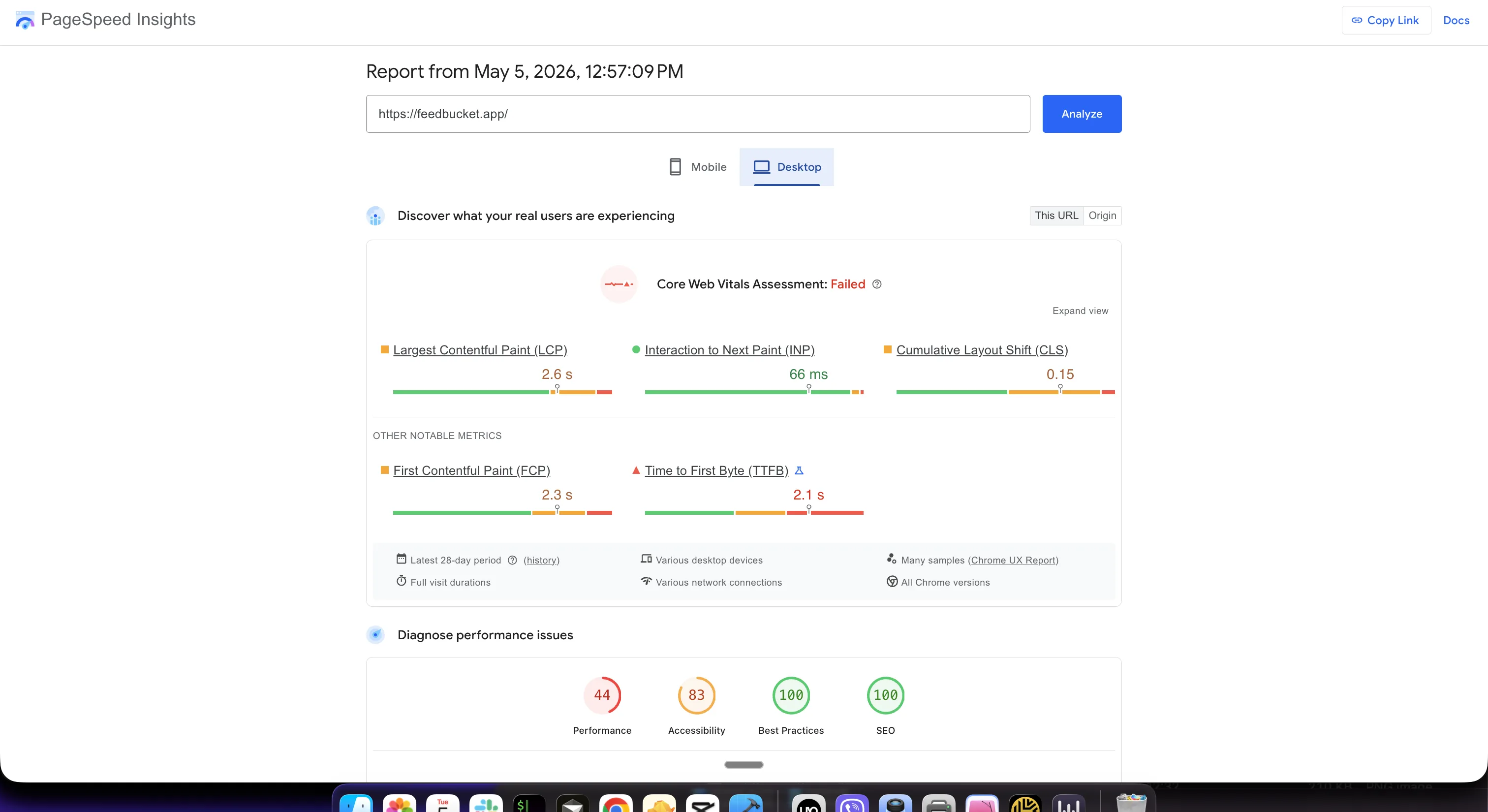 Feedbucket PageSpeed report from May 5, 2026: desktop Performance 44, Core Web Vitals failed