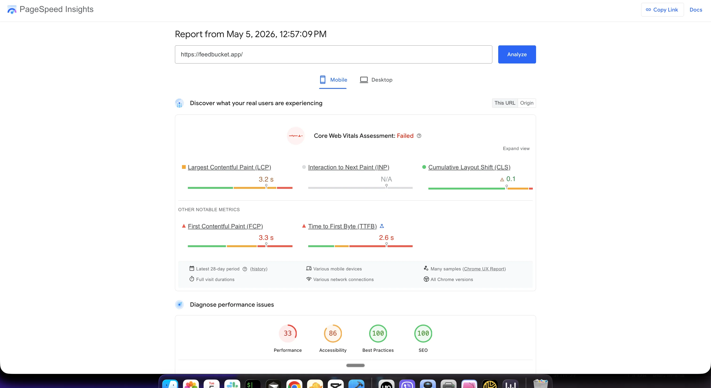 Feedbucket PageSpeed report from May 5, 2026: mobile Performance 33, Core Web Vitals failed, real-user TTFB 2.6s