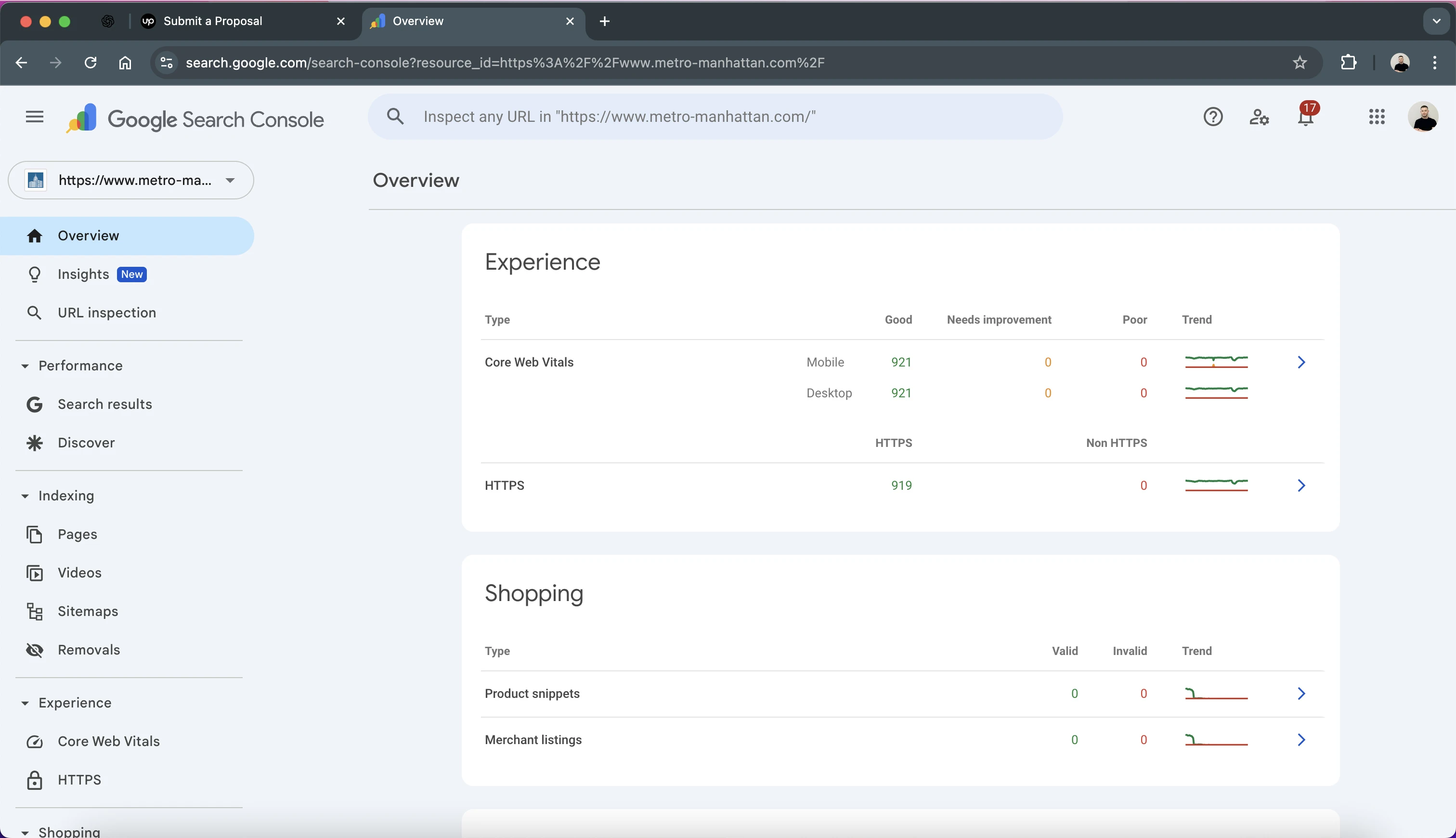 Google Search Console showing 921 pages passing Core Web Vitals on both mobile and desktop with zero issues