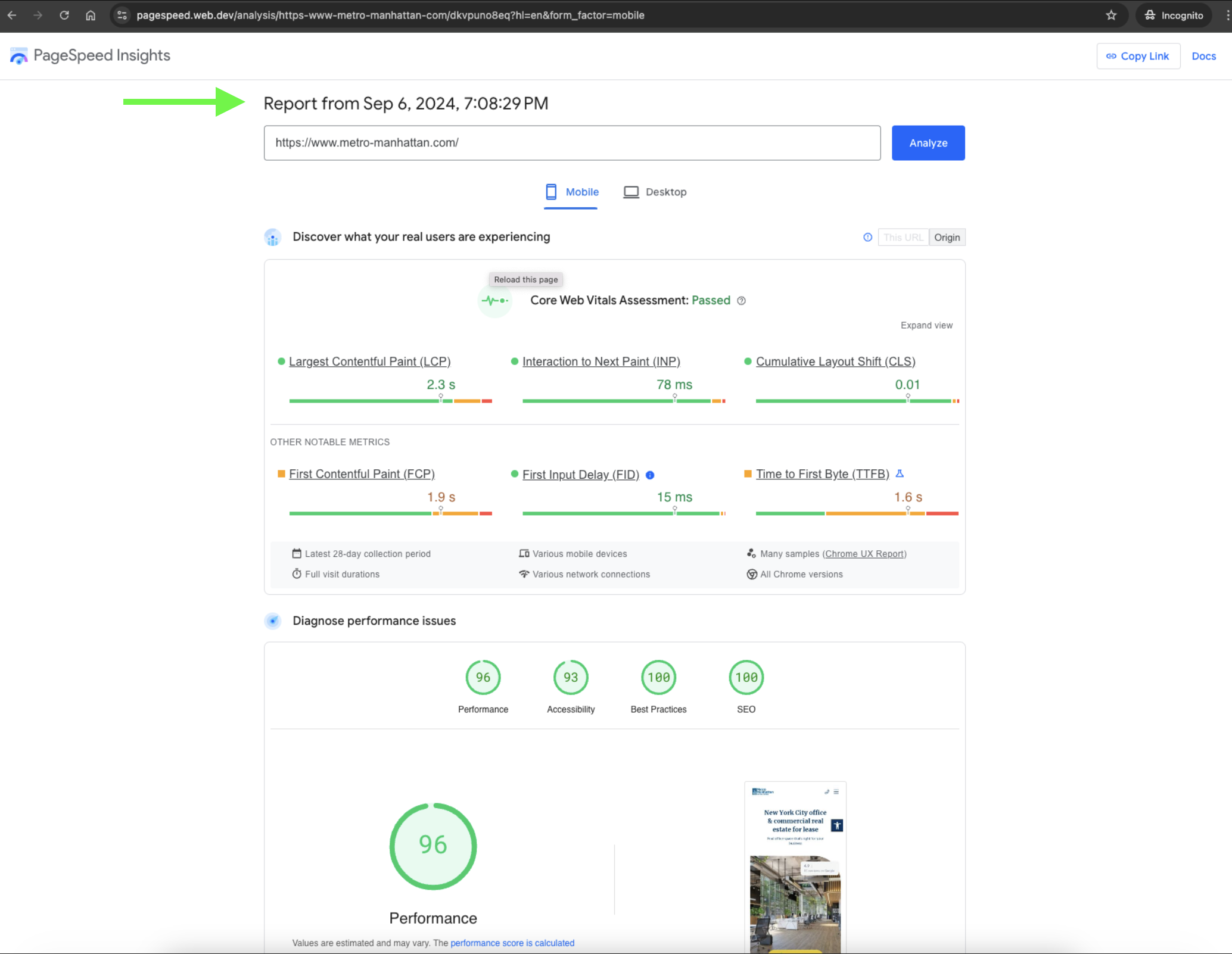 PageSpeed report from September 6, 2024 showing Performance score of 96, Core Web Vitals Assessment Passed, with LCP 2.3s, INP 78ms, CLS 0.01, FCP 1.9s