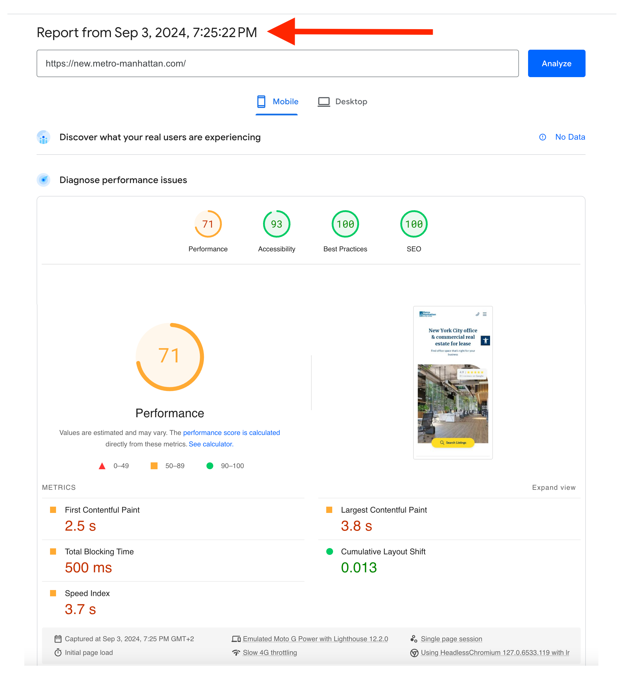 PageSpeed report from September 3, 2024 showing Performance score of 71, with FCP 2.5s, LCP 3.8s, TBT 500ms, and Speed Index 3.7s