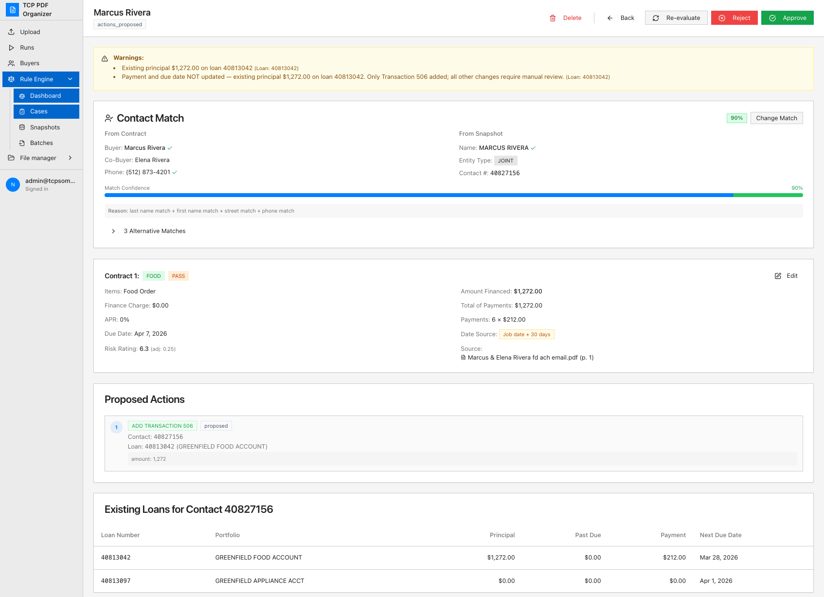 Case detail view showing contact matching at 90% confidence, extracted contract fields, proposed loan action, and existing account context