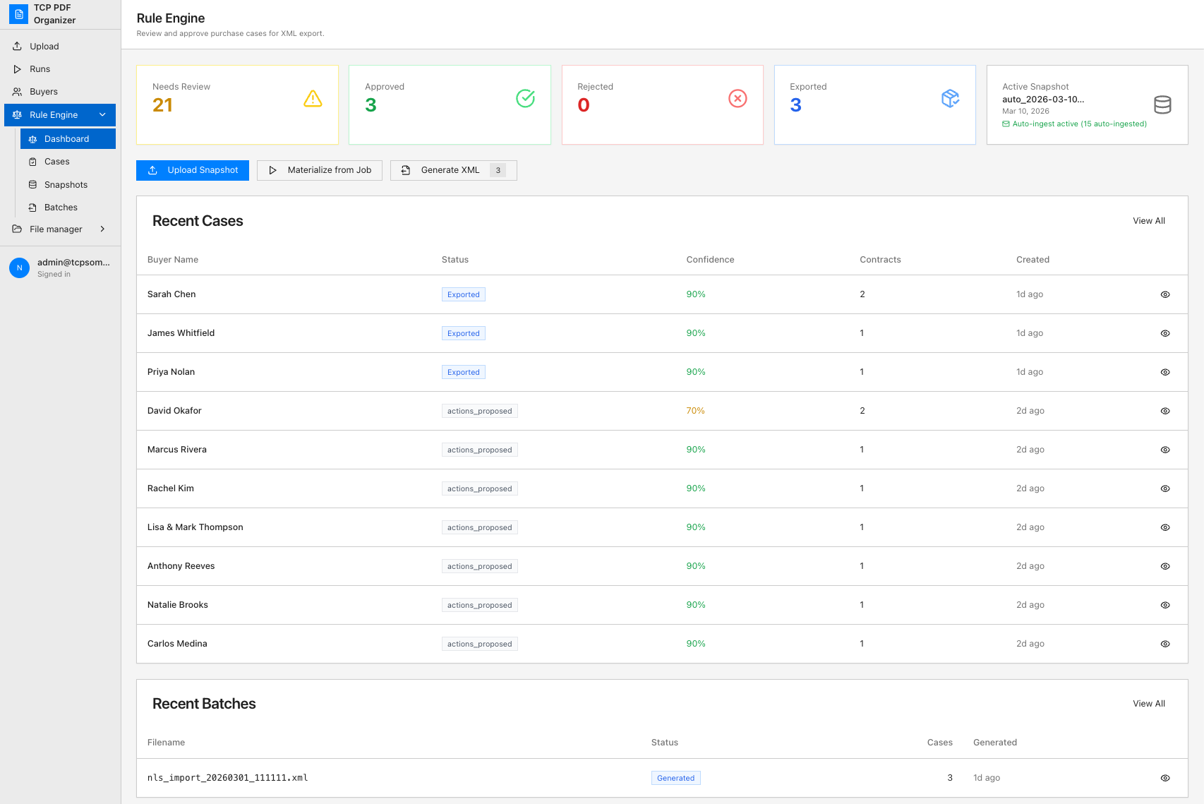 Rule Engine dashboard showing case statuses, confidence scores, and generated XML batches