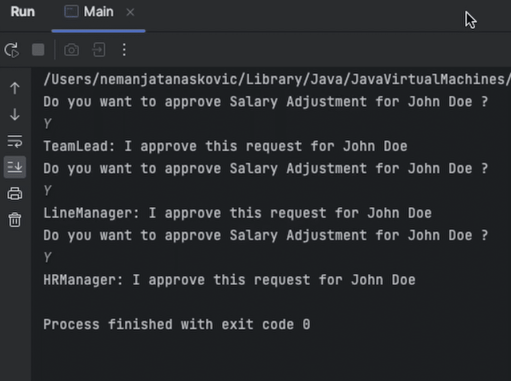 Screenshot of app testing Chain of Responsibility pattern with salary adjustment approval flow for John Doe.