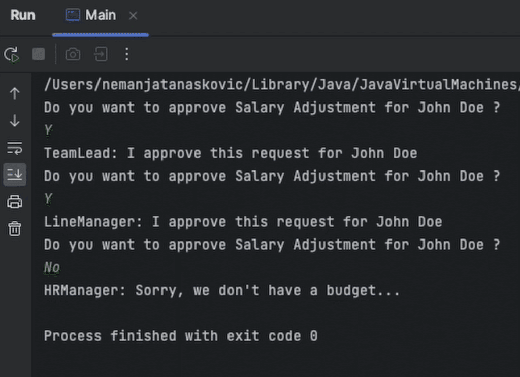 App screenshot showing Chain of Responsibility pattern handling a salary adjustment request rejection for John Doe.